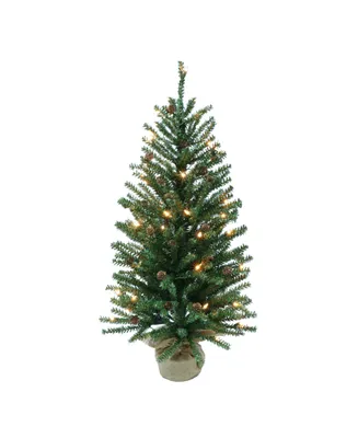 Puleo Pre-Lit Fir Artificial Christmas Tree with Pines Cones and 50 Lights, 3'