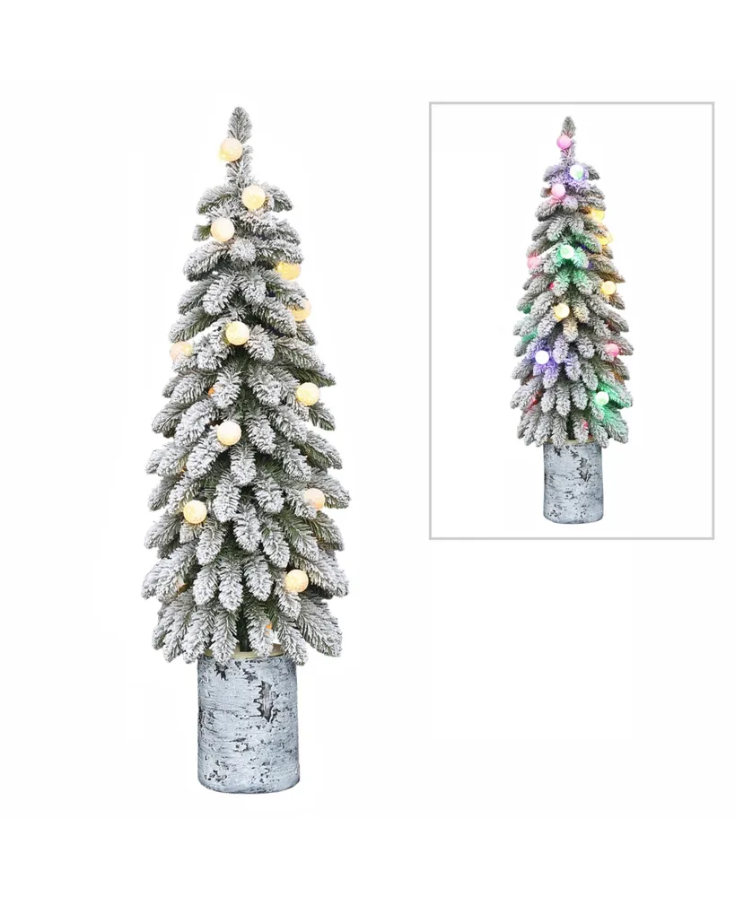 Puleo Pre-Lit Potted Flocked Alpine Artificial Christmas Tree with 20 Lights, 4'