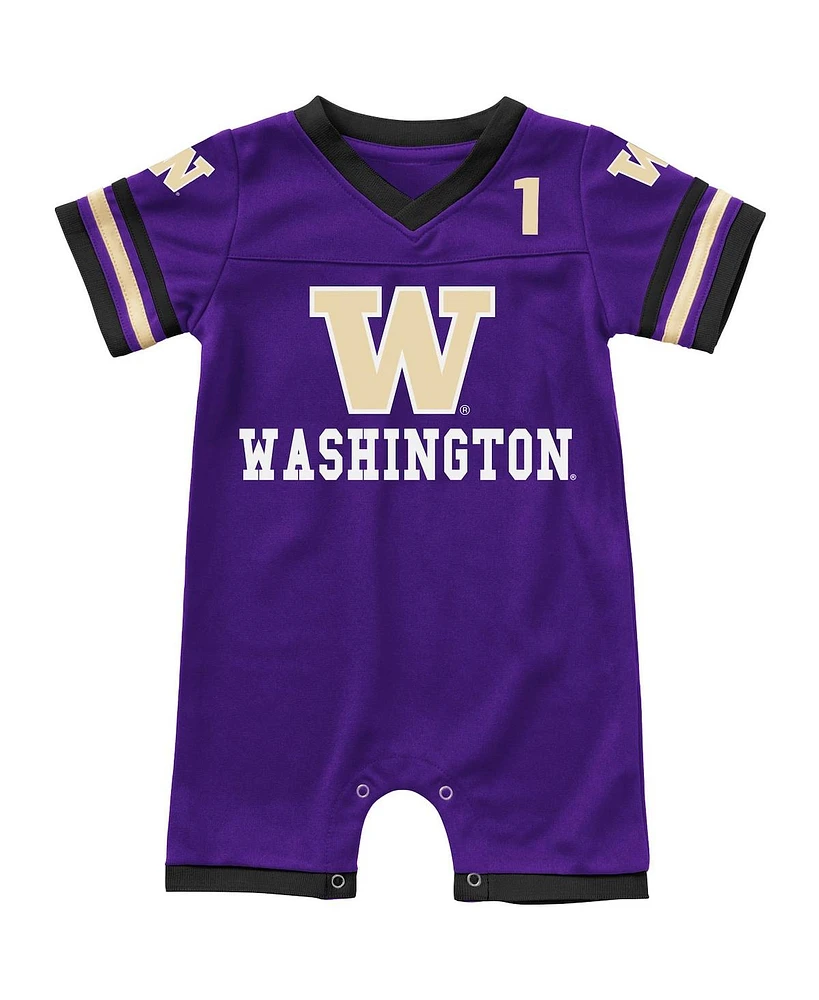 Newborn and Infant Boys Girls Colosseum Purple Washington Huskies Bumpo Football Logo Romper