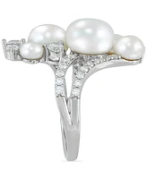 Arabella Cultured Freshwater Button Pearl (4 - 9-1/2mm) & Cubic Zirconia Cluster Ring in Sterling Silver