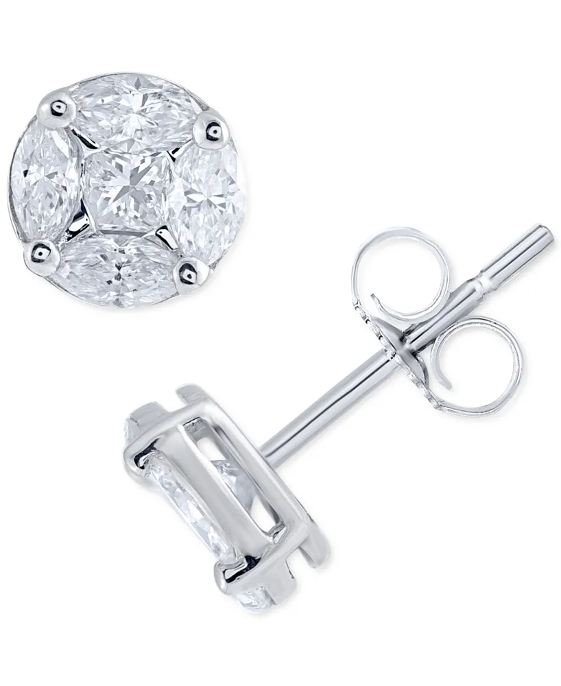 Diamond Princess & Marquise Cluster Stud Earrings (1 ct. t.w.) in 14k White Gold