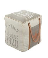 Rosemary Lane Canvas Pouf with Leather Handles, 20" x 20" x 19"