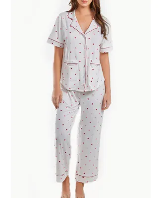 iCollection Women's Kyley Pajama Heart Print Pant Set Trimmed Red, 2 Piece - White