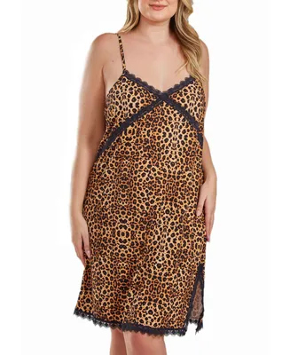 iCollection Chiya Plus Leopard Chemise with Lace Trim and Front Slit