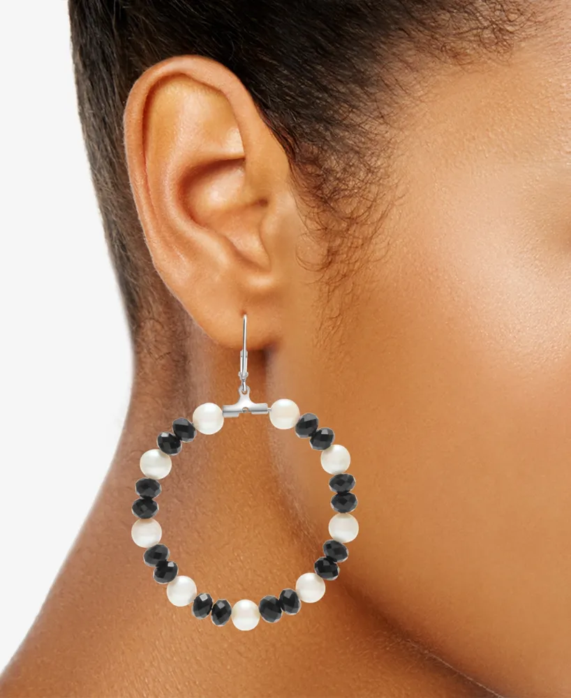 Cultured Freshwater Pearl (6mm) & Black Spinel (6mm) Circle Drop Earrings in Sterling Silver