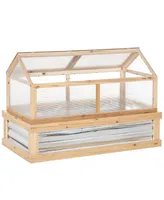 Outsunny Raised Garden Flower Bed w/ Greenhouse Wooden Frame Planter, Natural