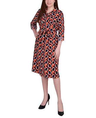 Ny Collection Petite Geometric Printed Long Sleeve Roll Tab Shirtdress