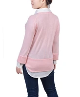 Ny Collection Petite Long Sleeve Two-Fer Top