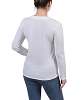 Ny Collection Petite Long Sleeve Ribbed Button Detail Top