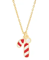 Lab-grown White Sapphire (5/8 ct. t.w.) & Enamel Candy Cane & Bezel Drop Pendant Necklace in 14k Gold-Plated Sterling Silver, 16" + 2" extender