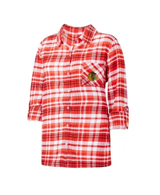 Women's Concepts Sport Red Chicago Blackhawks Mainstay Flannel Full-Button Three-Quarter Sleeve Nightshirt