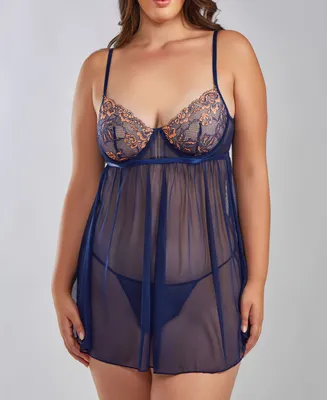 iCollection Lana Plus Underwire Soft Lace and Mesh Babydoll Lingerie Set, 2 Piece - Navy