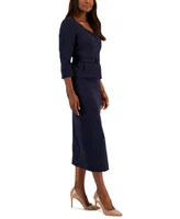 Le Suit Women's Belted Jacket 3/4-Sleeve Skirt Suit