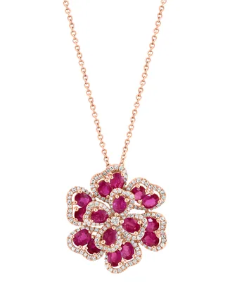 Effy Ruby (3-3/4 ct. t.w.) & Diamond (5/8 ct. t.w.) Flower 18"Pendant Necklace in 14k Rose Gold