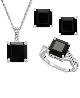 3-Pc. Set Onyx & Diamond Accent Square-Cut Pendant Necklace, Ring and Stud Earrings in Sterling Silver