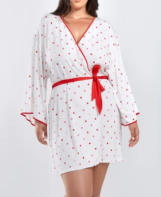 iCollection Kyley Plus Heart Print Robe with Contrast Self Tie Sash and Red Trim - White