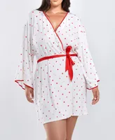 iCollection Kyley Plus Heart Print Robe with Contrast Self Tie Sash and Red Trim - White