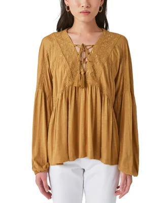 Lucky Brand Women's Tie-Neck Lace-Trim Peasant Top
