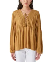 Lucky Brand Women's Tie-Neck Lace-Trim Peasant Top