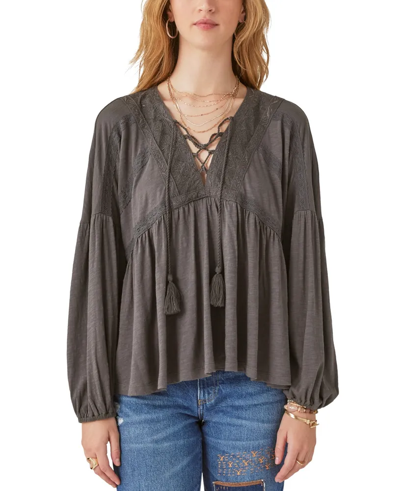 Lucky Brand Women's Tie-Neck Lace-Trim Peasant Top