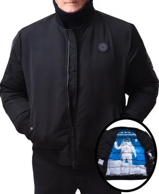Space One Men's Nasa Inspired Hooded Bomber Jacket with Printed Astronaut Interior