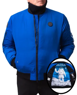 Space One Men's Nasa Inspired Hooded Bomber Jacket with Printed Astronaut Interior