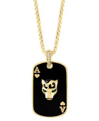 Effy Men's Emerald Accent, & Diamond (1/6 ct. t.w.) Black Enamel Panther Playing Card 22" Pendant Necklace in 14k Gold