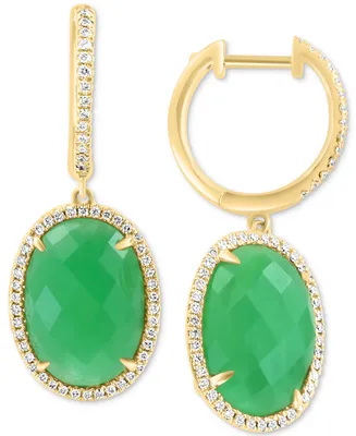 Effy Dyed Green Jade & Diamond (1/3 ct. t.w.) Oval Dangle Hoop Earrings in 14k Gold