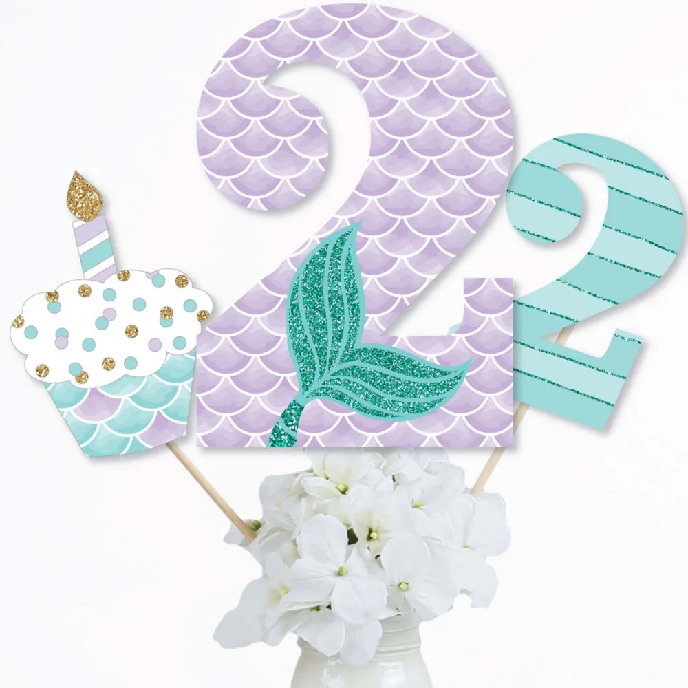 2nd Birthday Let's Be Mermaids - Centerpiece Sticks - Table Toppers - Set of 15