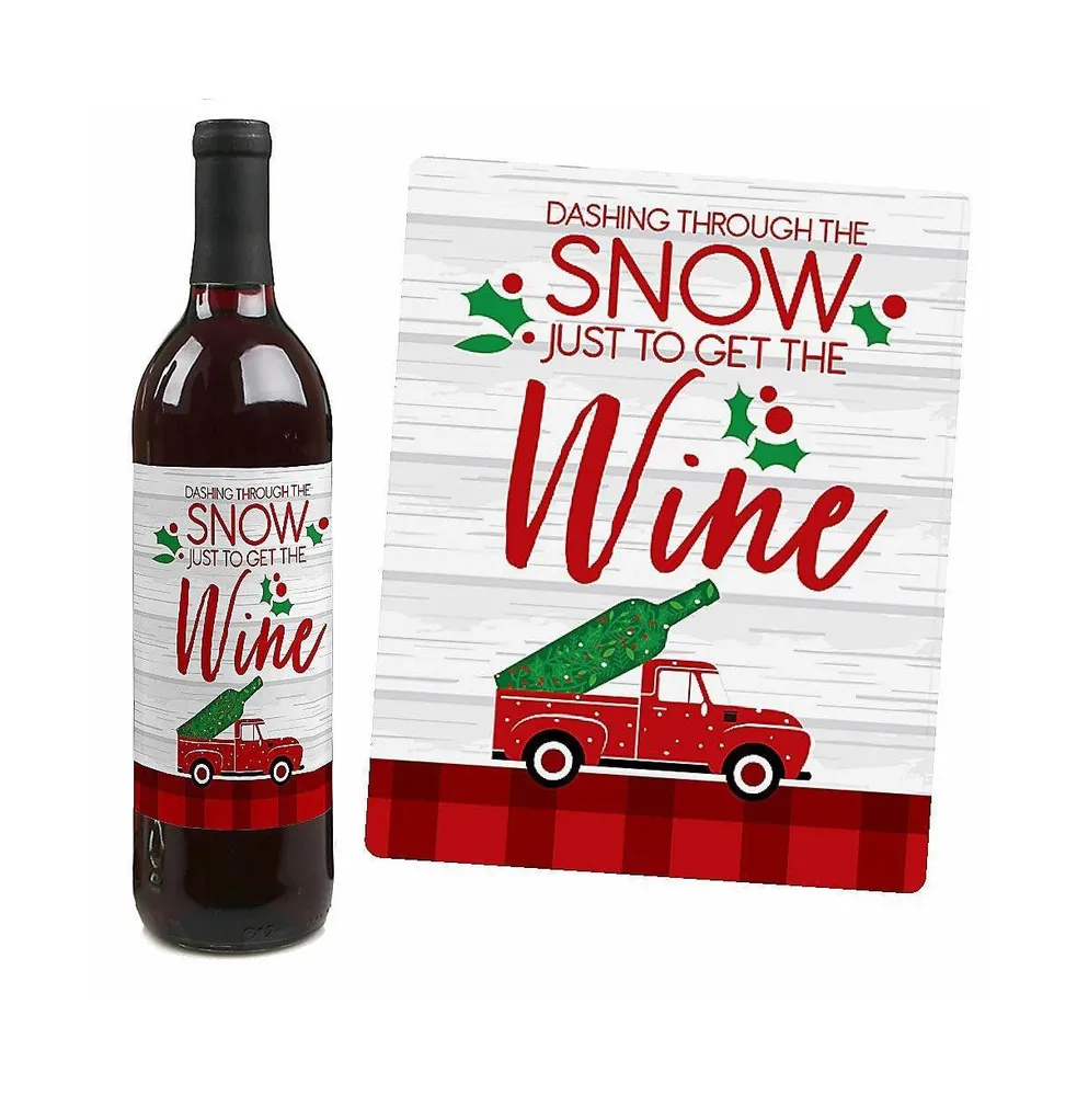 Merry Little Christmas Tree - Red Truck Party Wine Bottle Label Stickers - 4 Ct