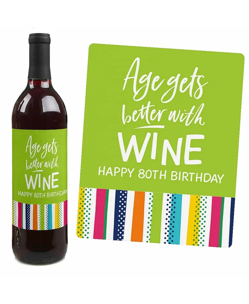 80th Birthday - Cheerful Happy Birthday Decor - Wine Bottle Label Stickers 4 Ct