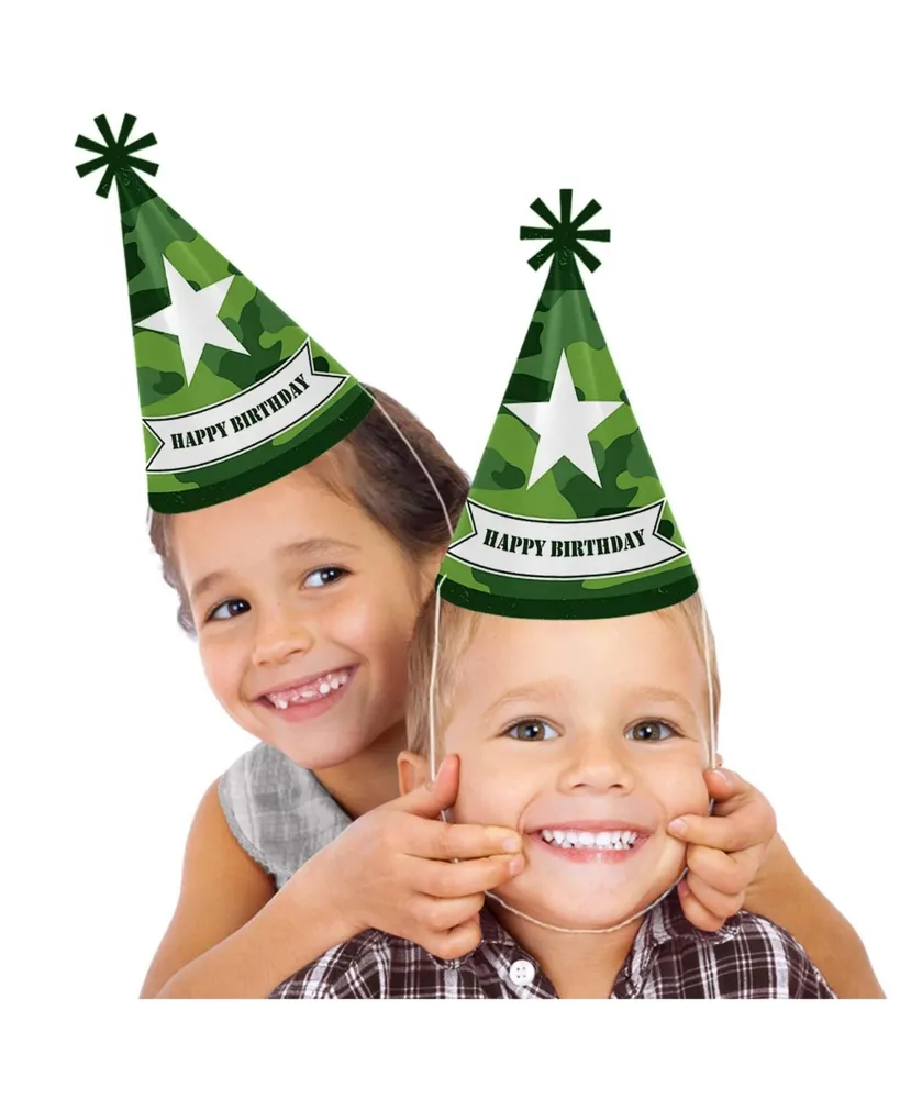 Camo Hero - Cone Happy Birthday Party Hats - Set of 8 (Standard Size)