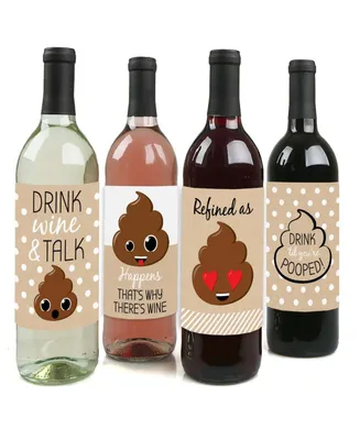 Party 'Til You're Pooped - Poop Emoji Decor - Wine Bottle Label Stickers - 4 Ct