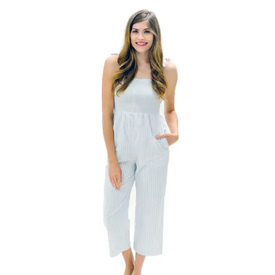 Hope & Henry Womens' Organic Cotton Smocked Button Front Jumpsuit