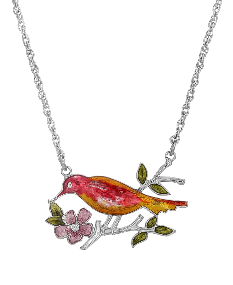 2028 Silver-Tone Red and Yellow Enameled Bird and Flower Pendant Necklace