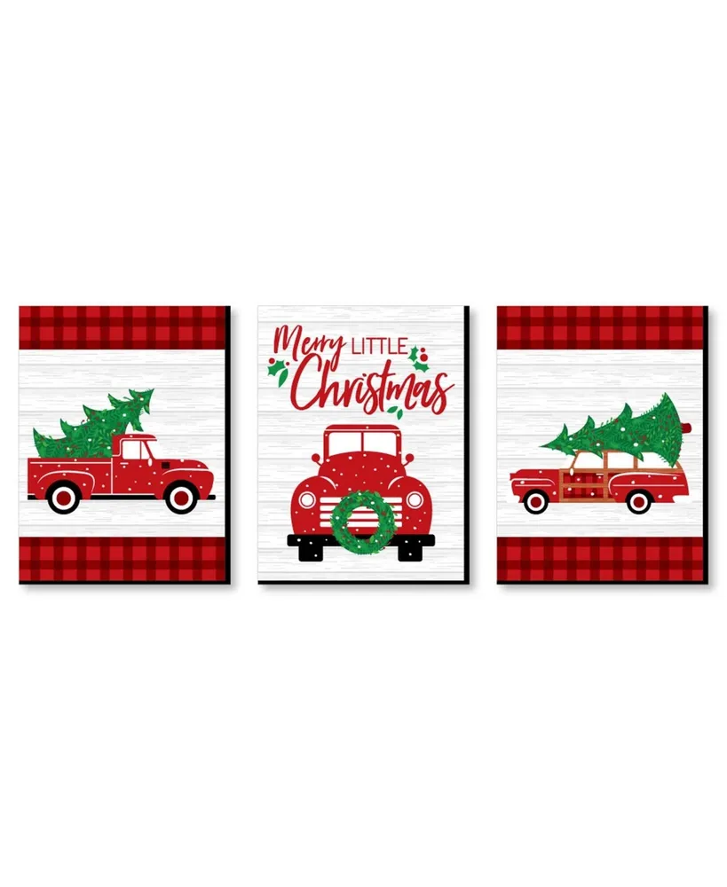 Merry Little Christmas Tree - Red Truck Wall Art Decor - 7.5 x 10 in - Set of 3