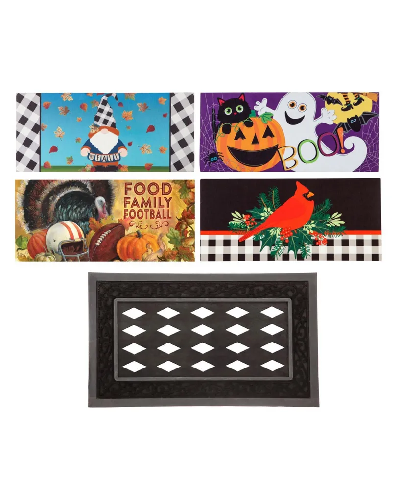 Evergreen Indoor Outdoor Doormat Bundle Set of 5 - Frame and 4 Welcome Seasonal Inserts Halloween Ghost Cardinal Thanksgiving Gnome