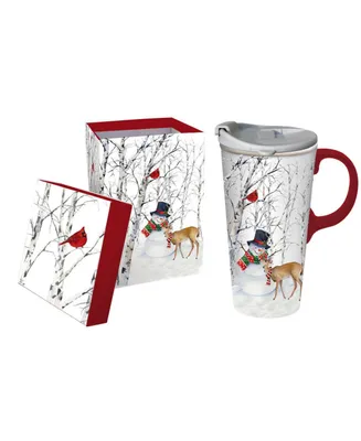 Evergreen Beautiful Joyful Snowman Ceramic Travel Cup with Matching Box - 4 x 5 x 7 Inches Indoor/Outdoor