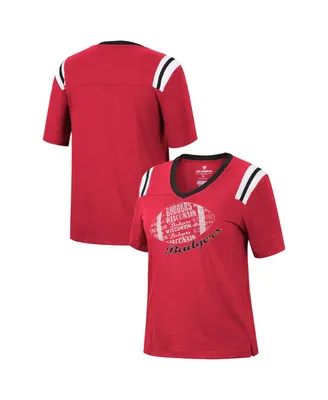 Women's Colosseum Heathered Red Wisconsin Badgers 15 Min Early Football V-Neck T-shirt