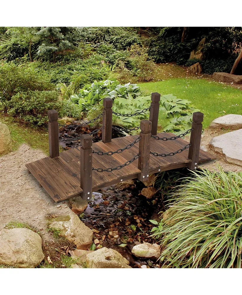 Outsunny Wooden Garden Bridge Stained Finish Walkway with Metal Chain Railings