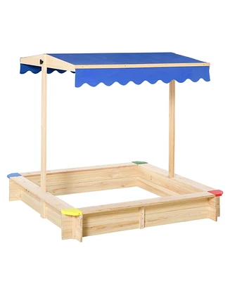 Outsunny Sand Pit for Kids with Bench and Adjustable Cover, Fir Wood, Natural
