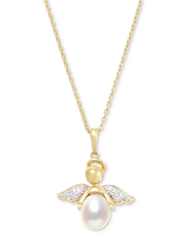 Cultured Freshwater Pearl (7 - 7-1/2mm) & Cubic Zirconia Angel 18" Pendant Necklace set in 14k Two-Tone Gold-Plated Sterling Silver