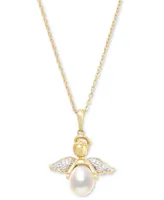 Cultured Freshwater Pearl (7 - 7-1/2mm) & Cubic Zirconia Angel 18" Pendant Necklace set in 14k Two-Tone Gold-Plated Sterling Silver