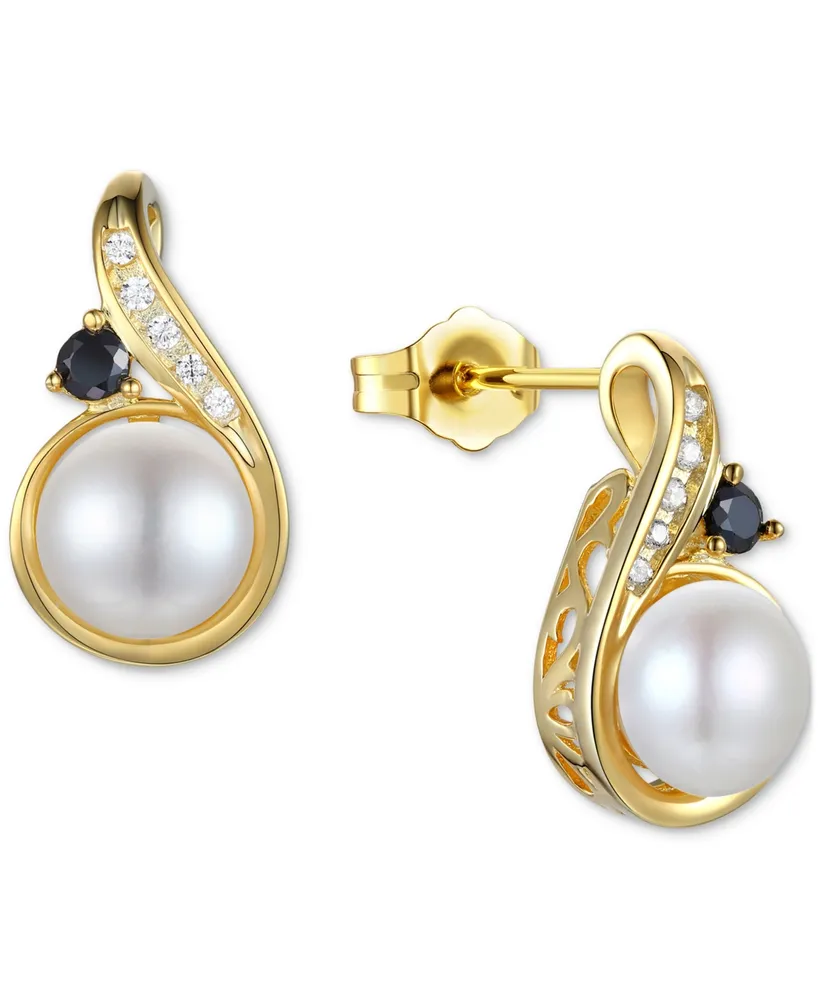 Cultured Freshwater Pearl (6mm), Onyx, & Diamond Earrings in 10k Gold