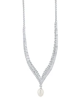 Arabella Cultured Freshwater Pearl (9x11mm) & Cubic Zirconia 17" Collar Necklace in Sterling Silver