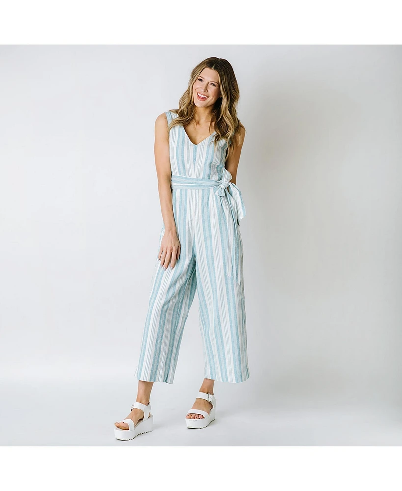 Hope & Henry Women's Woven Sleeveless Tie-Waist Jumpsuit with Wide Leg