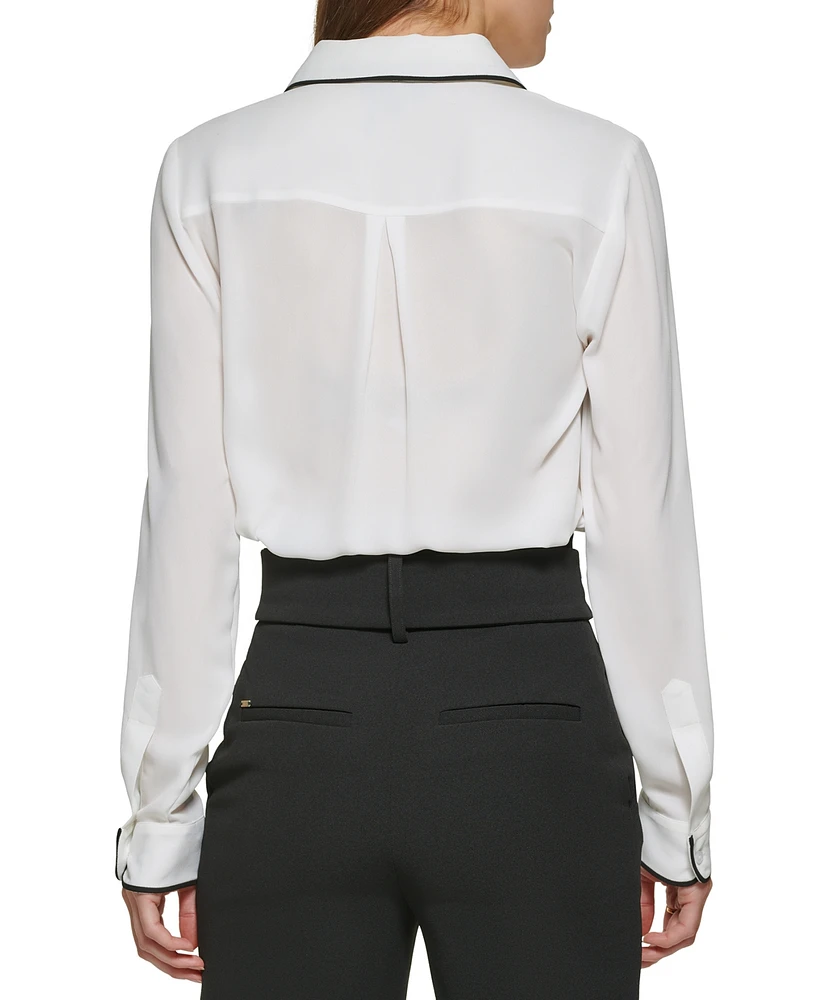 Dkny Petite Piped-Trim Button-Up Blouse, Created for Macy's