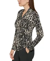 Dkny Women's Animal Print Matte Jersey Faux Wrap Top