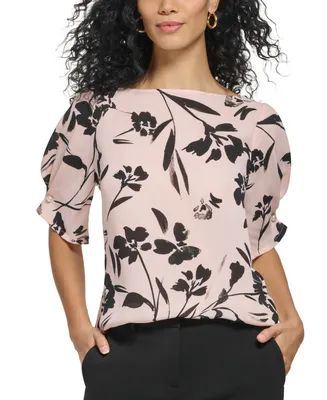 Dkny Petite Printed Puff-Sleeve Boat-Neck Blouse