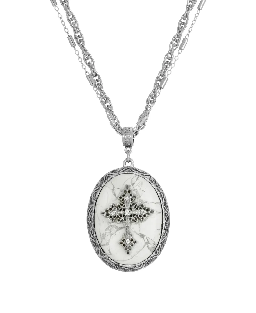 Symbols of Faith Pewter Cross White Howlite Oval Necklace